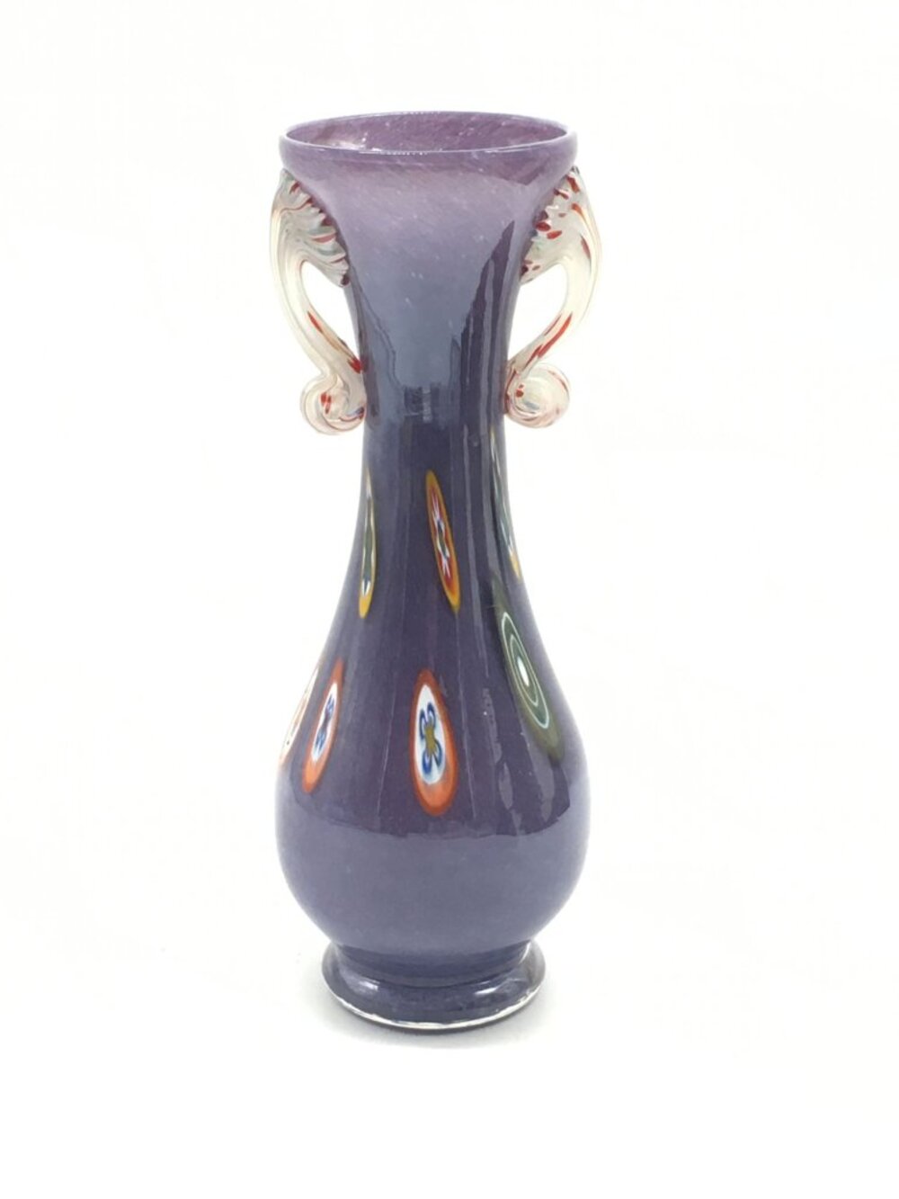 Vintage Murano Style Art Glass Vase Purple Millefiori Applied Handles Italian